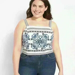 Lane Bryant Crop Top Size 26/28 blue Floral Bodice Square Neck Tank Smocked